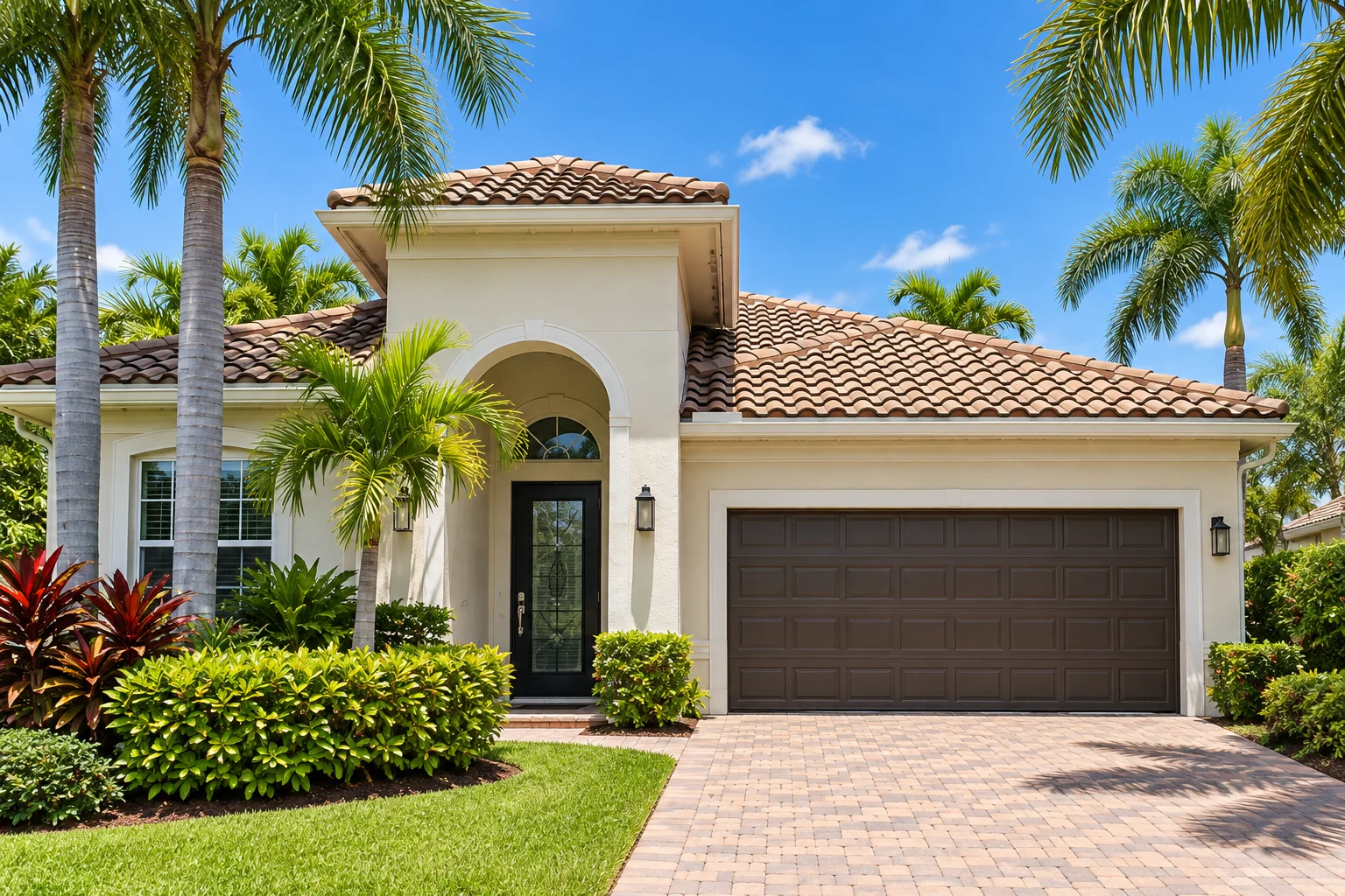 Illustrative South Florida home with a tiled roof, stucco exterior, and palms